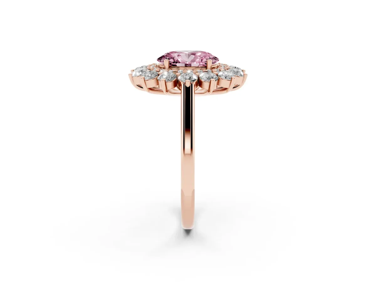 Fancy Pink Oval Cut Diamond Floral Double Halo Engagement Ring with Prong Setting Rose gold