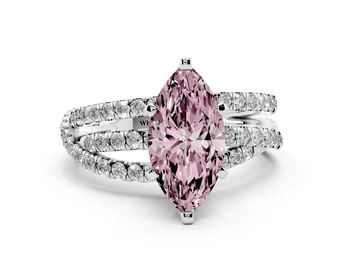 Fancy Pink Marquise Cut Solitaire Twist Band with Pavé Setting and Four-Prong Setting Silver