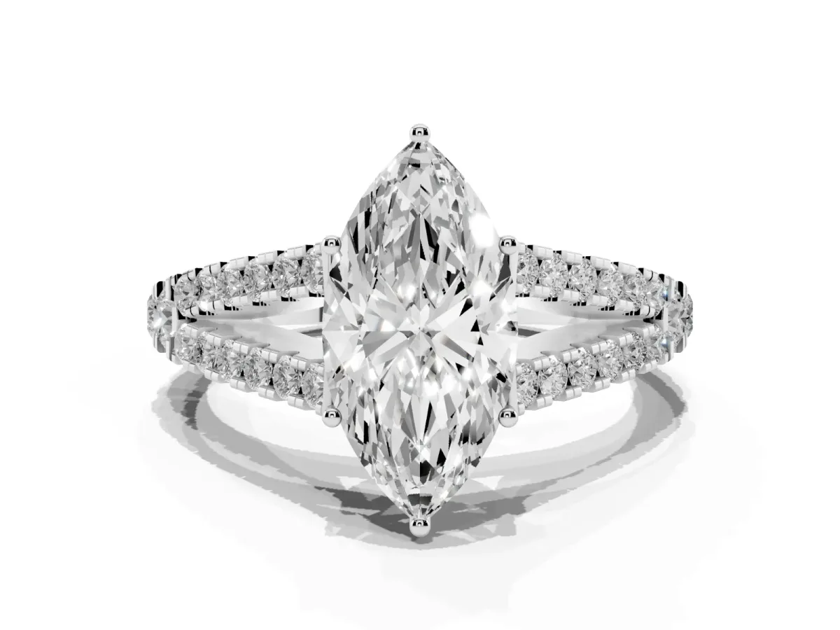 Marquise Cut Diamond Split Shank Pavé Engagement Ring with Four-Prong Setting White gold