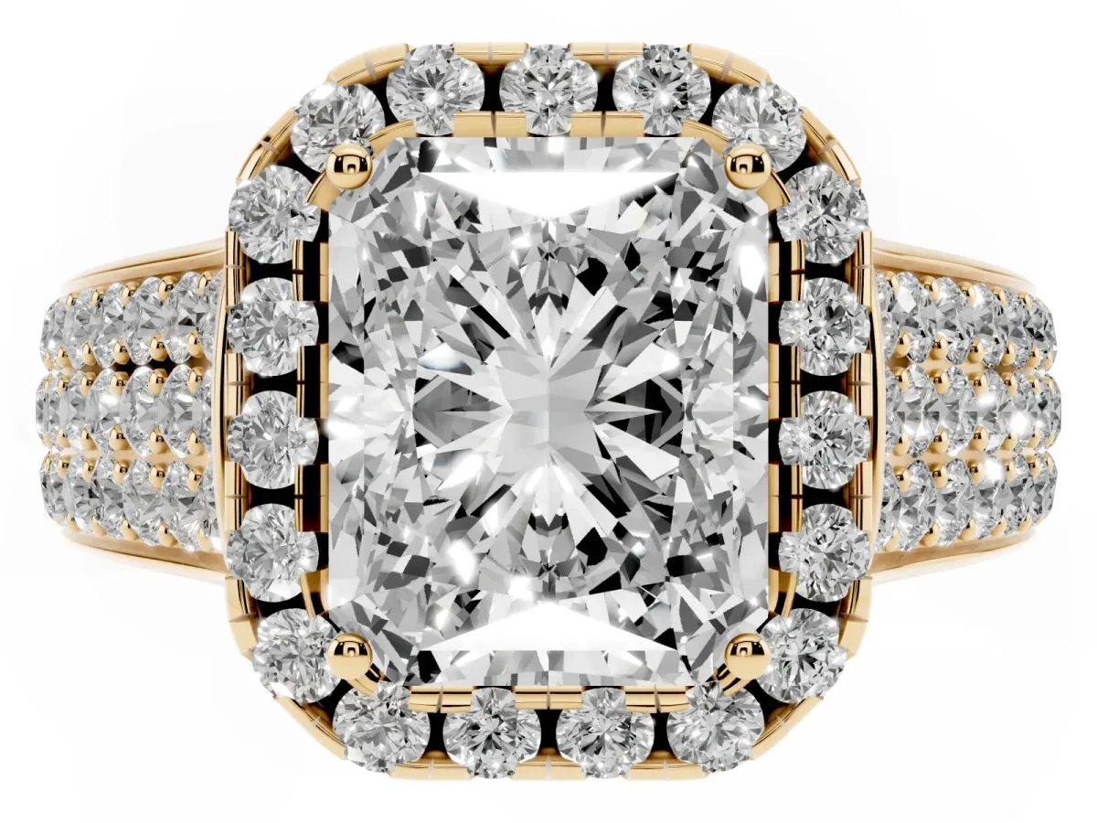 Radiant Cut Halo Round Diamond Pave Band with Prong Setting Yellow gold