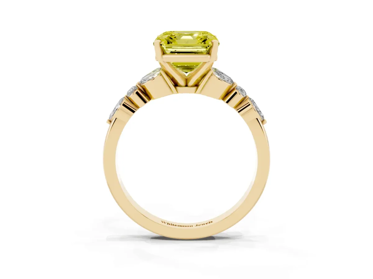 Fancy Yellow Asscher Cut Diamond Solitaire Ring with Side Stones and Four-Prong Setting Yellow gold
