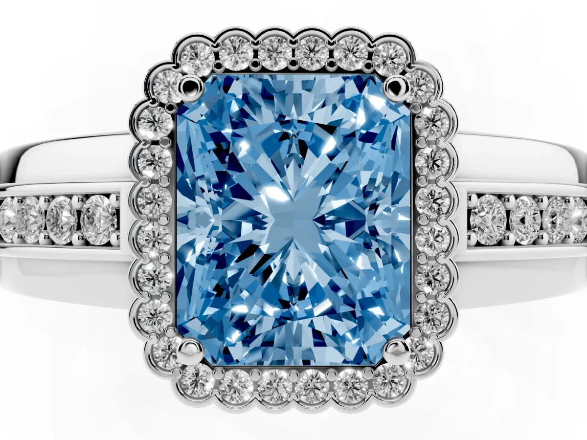 Fancy Blue Radiant Cut Cut Halo Pave Band Four-Prong Ring Silver