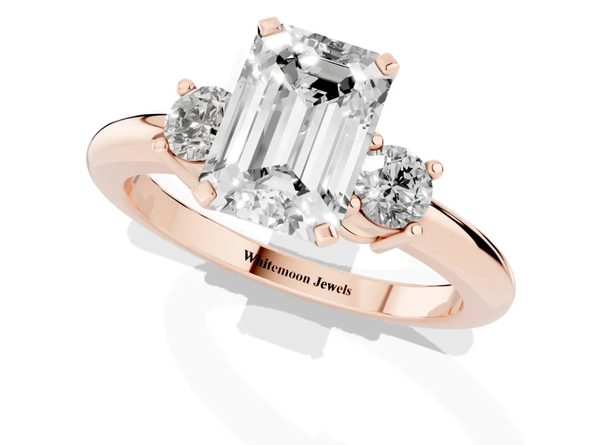 Three-Stone Emerald Cut Cut Diamond Solitaire with Prong Setting and Classic Band Rose gold