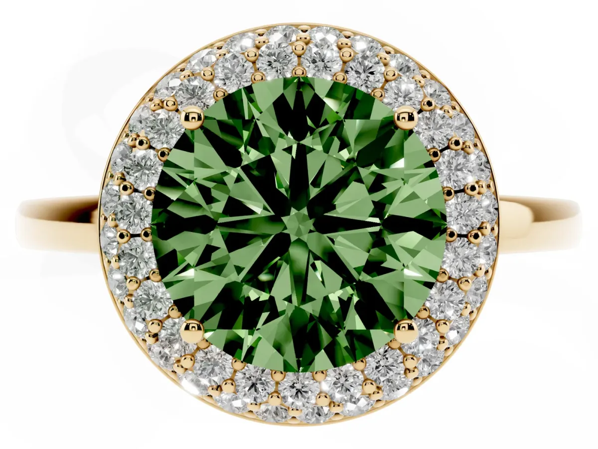 Fancy Green Round Cut Halo Diamond Engagement Ring with Solitaire Band and Four-Prong Setting Yellow gold