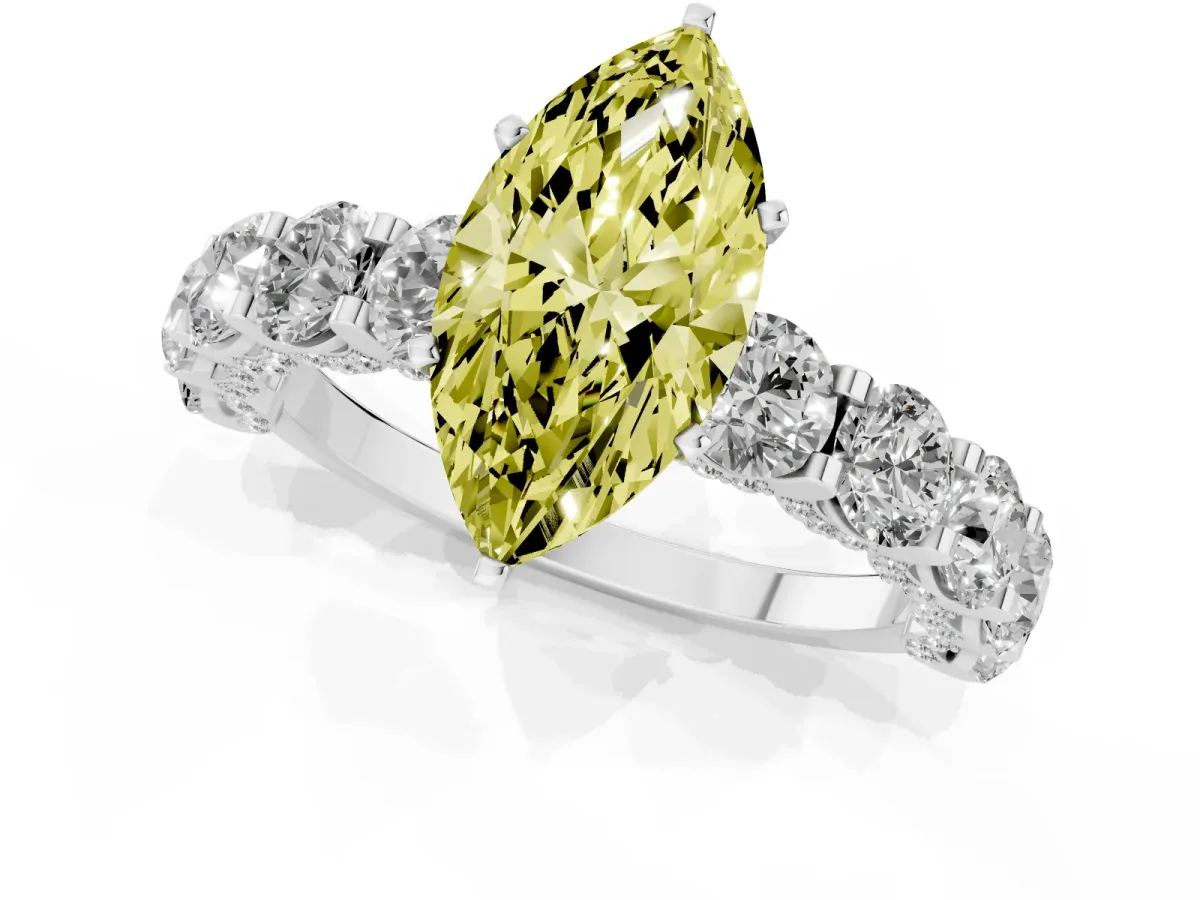 Fancy Yellow Marquise Cut Diamond Side Stone Engagement Ring with Four-Prong Setting Silver