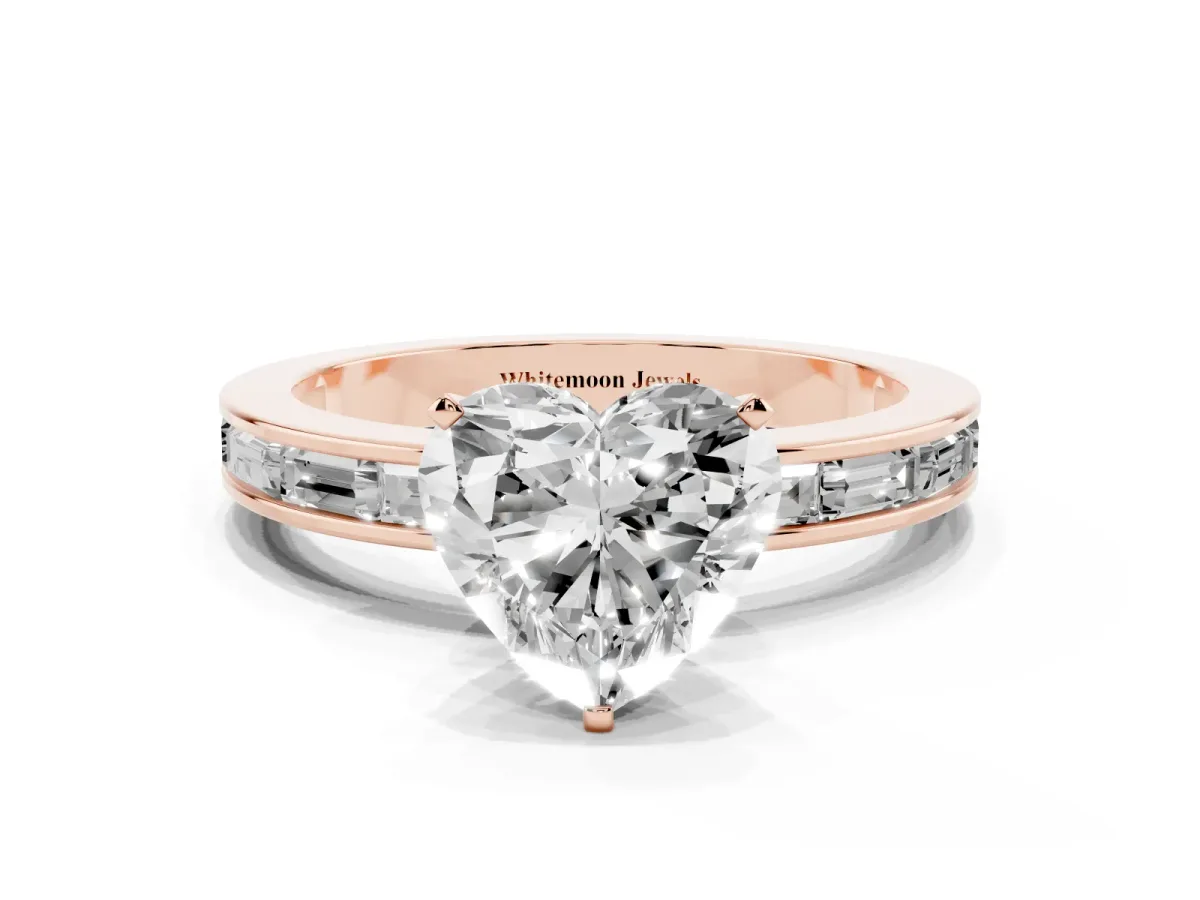 Heart Cut Solitaire Diamond Ring with Channel-Set Baguette Band and Four-Prong Setting Rose gold