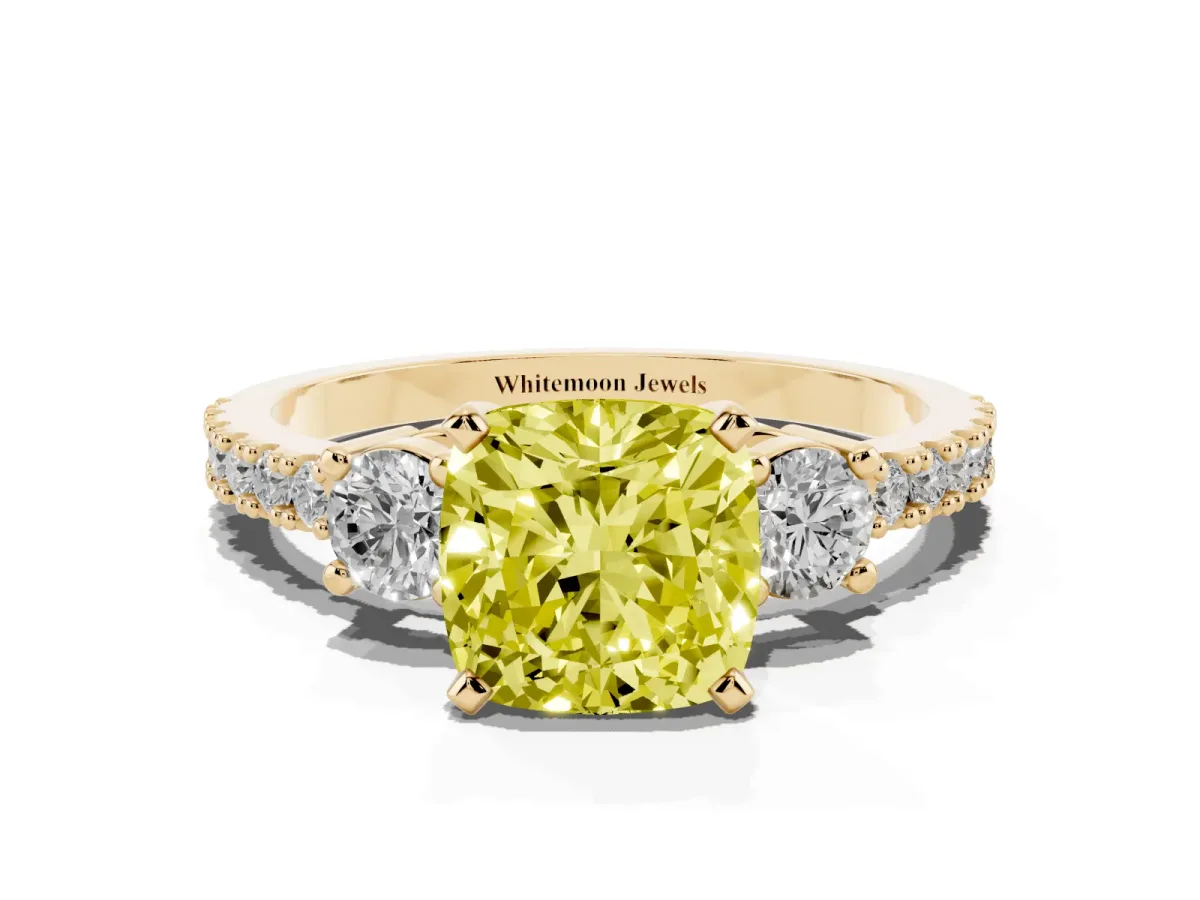 Fancy Yellow Cushion Cut Three-Stone Diamond Pavé Band with Prong Setting Yellow gold