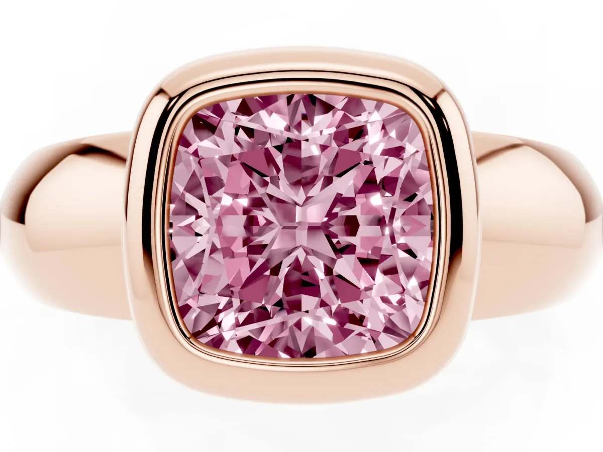 Fancy Pink Bezel Set Cushion Cut Solitaire Ring with Wide Band Rose gold