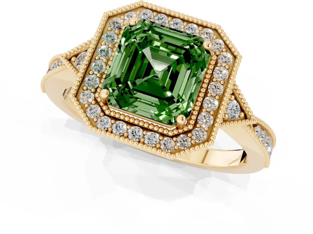 Fancy Green Asscher Cut Halo Round Diamond Milgrain Pave Engagement Ring Yellow gold