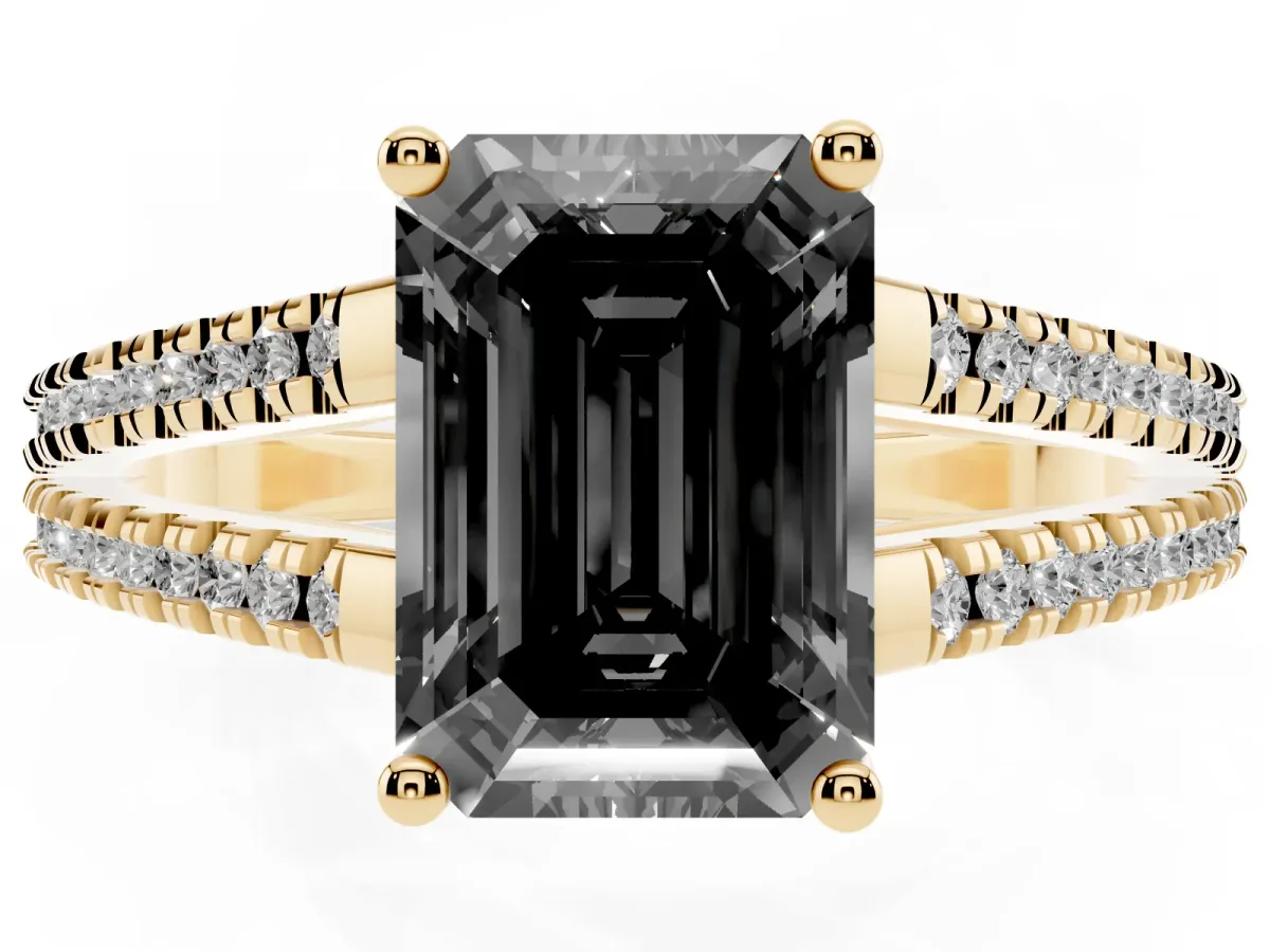 Fancy Black Emerald Cut Diamond Solitaire Engagement Ring with Split Shank Pavé Band Yellow gold