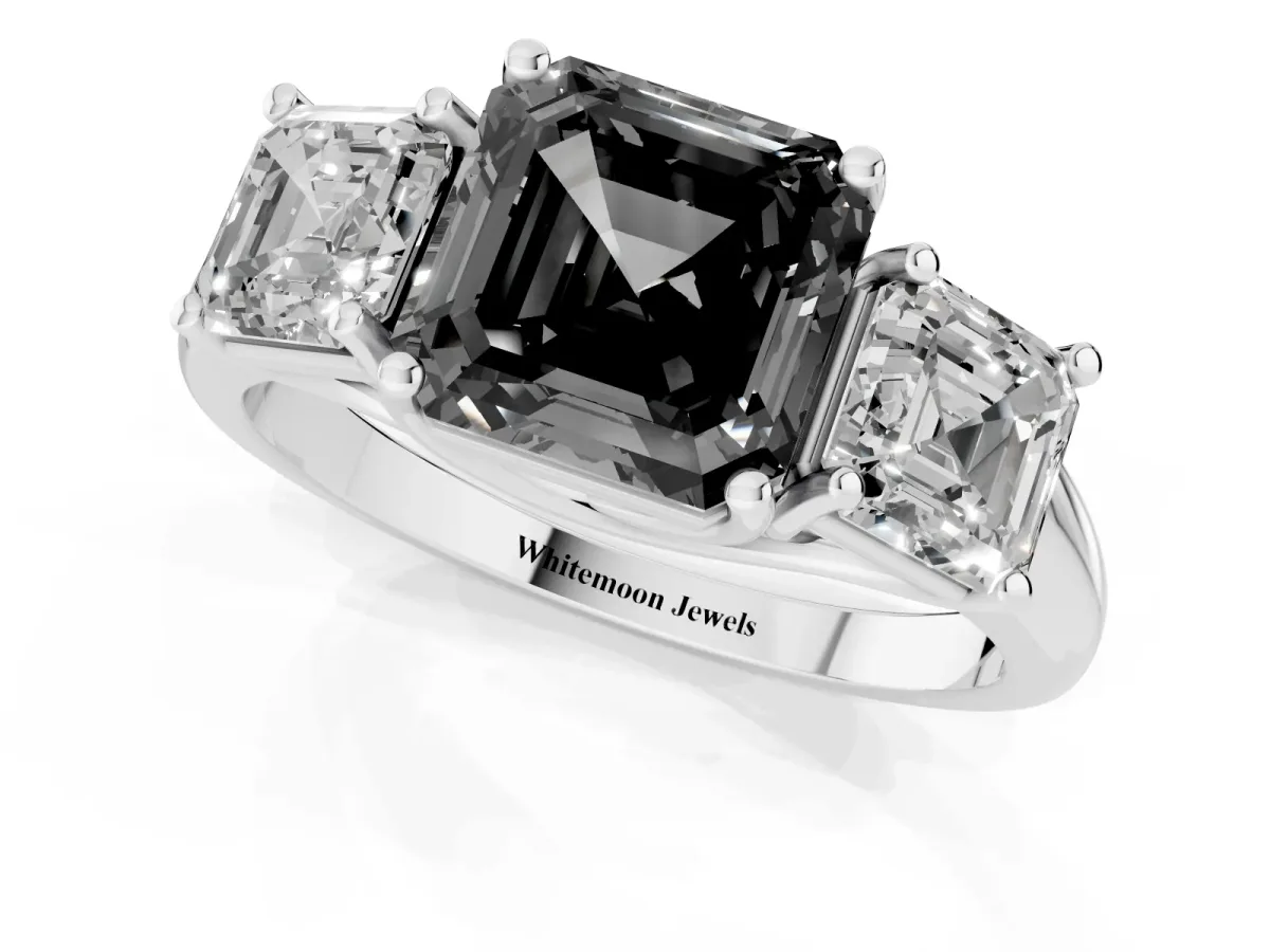 Fancy Black Three-Stone Asscher Cut Diamond Engagement Ring with Prong Setting Platinum