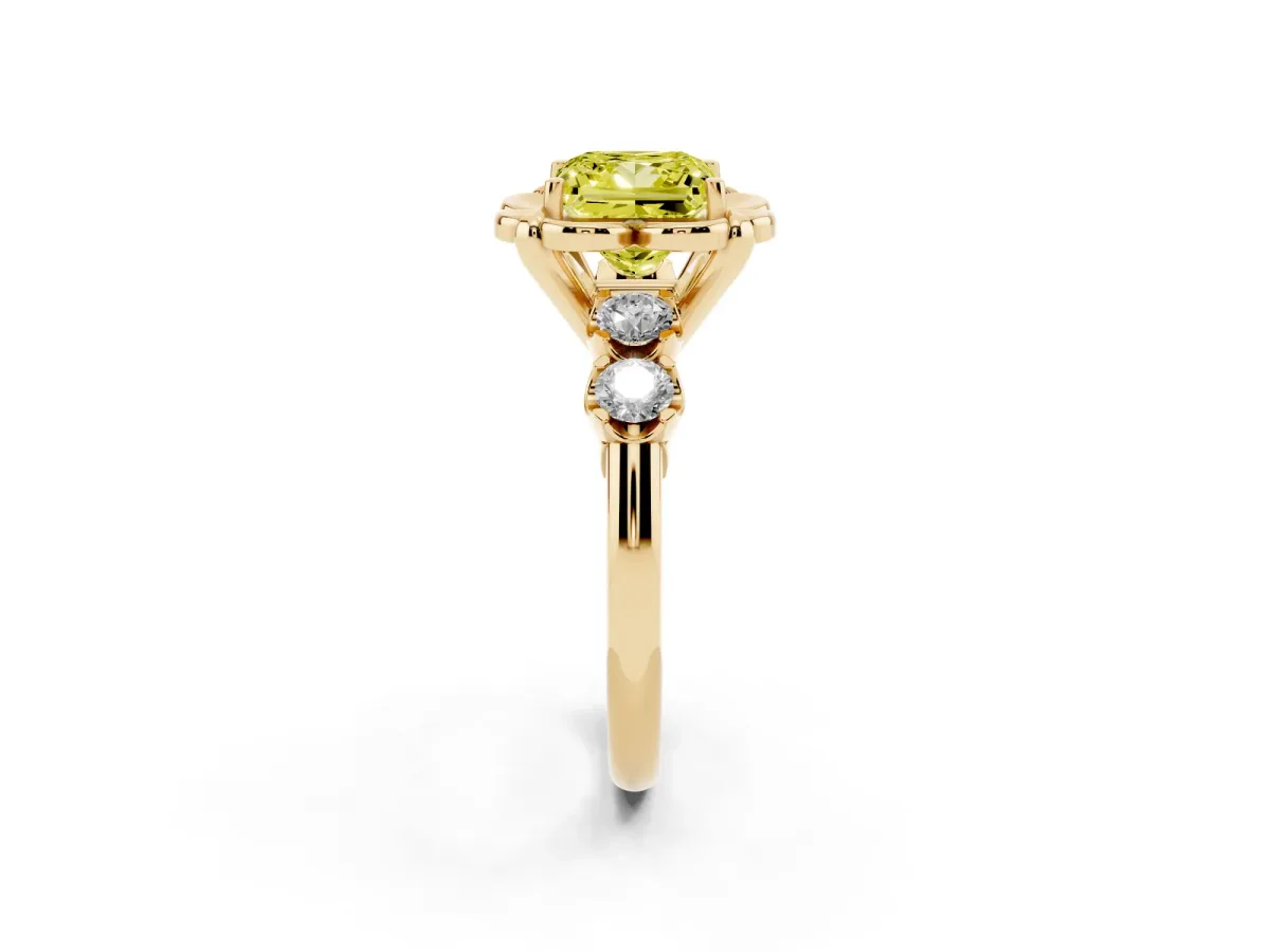 Fancy Yellow Princess Cut Cut Diamond Floral Halo Engagement Ring with Shared Prong Setting Yellow gold