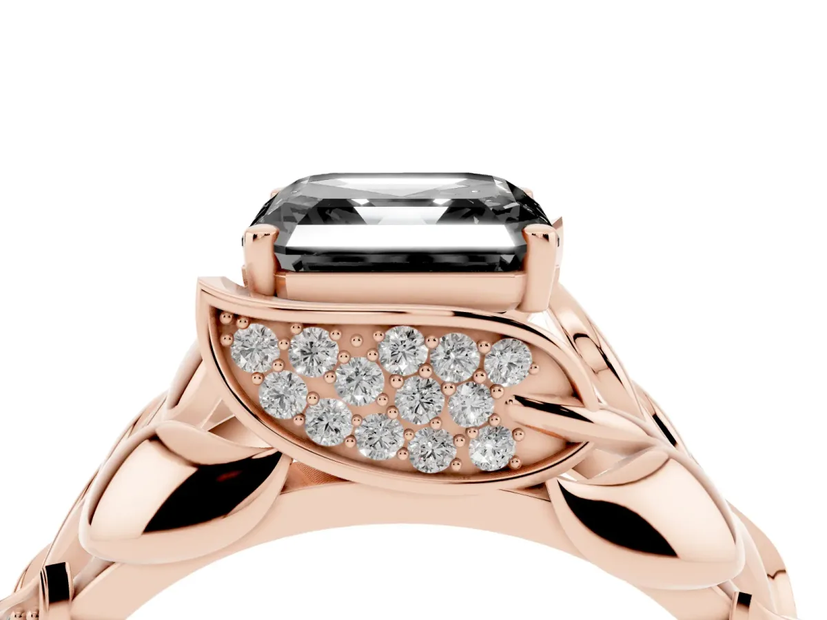 Fancy Black Asscher Cut Diamond Leaf-Inspired Engagement Ring with Round Accents and Prong Setting Rose gold