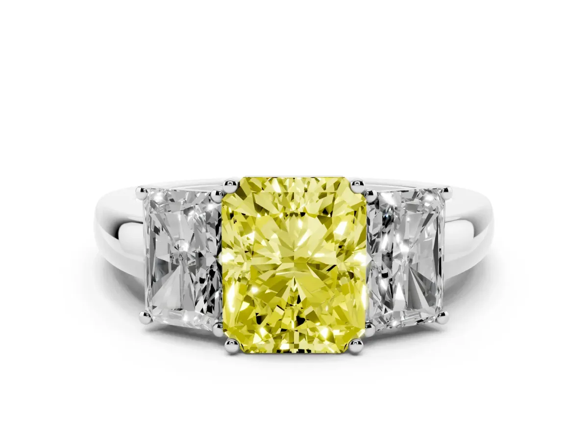 Fancy Yellow Radiant Cut Diamond Three-Stone Ring with Four-Prong Setting and Classic Band Silver