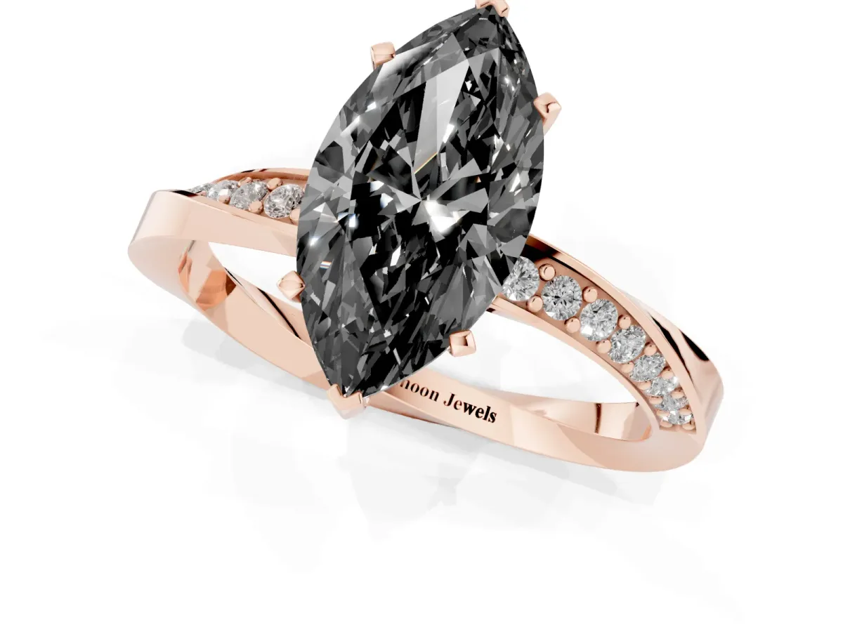 Fancy Black Marquise Cut Diamond Engagement Ring with Side Stone Accents and Four-Prong Setting Rose gold