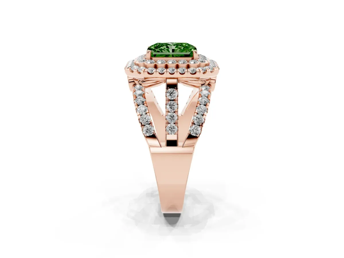 Fancy Green Radiant Cut Diamond Double Halo Ring with Round Pavé Split Shank and Prong Setting Rose gold