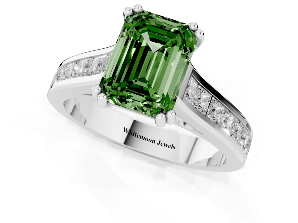 Fancy Green Emerald Cut Cut Channel Set Solitaire Engagement Ring with Prong Setting White gold