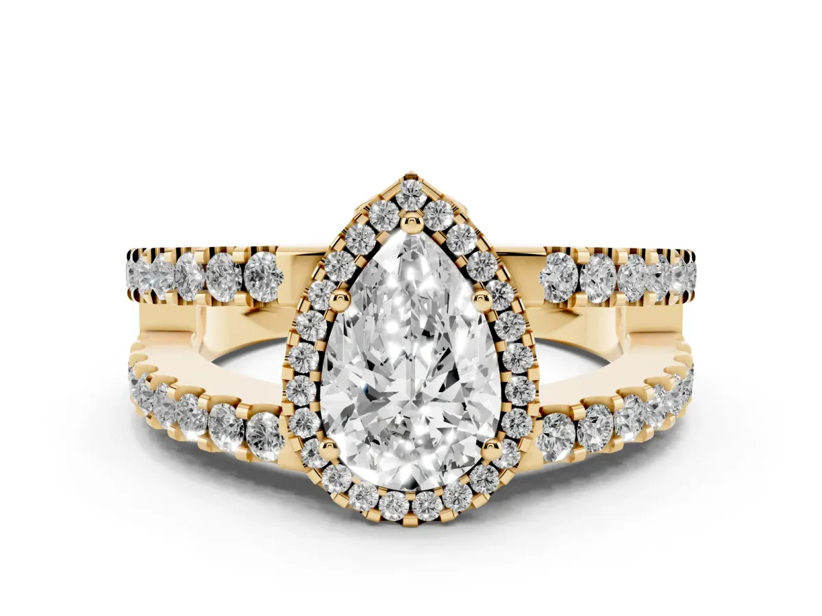Pear Cut Cut Halo Split Shank Diamond Ring with Four-Prong Setting Yellow gold