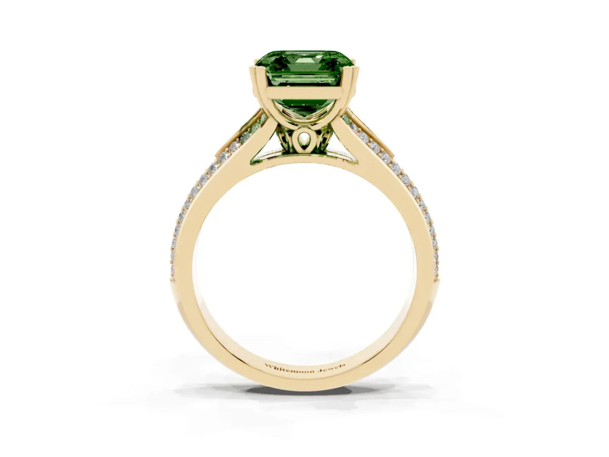 Fancy Green Asscher Cut Diamond Split Shank Engagement Ring with Pavé Band Yellow gold