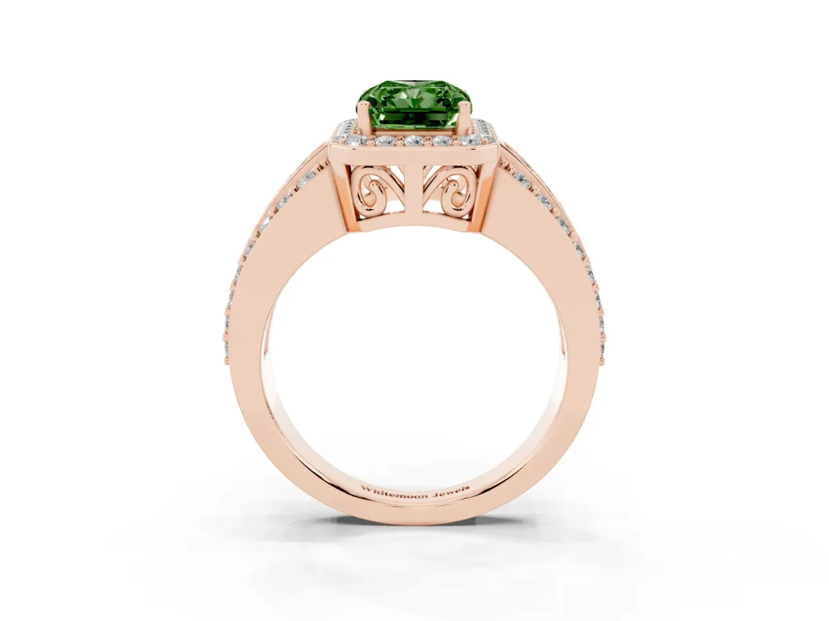 Fancy Green Radiant Cut Halo Diamond Ring with Round Split Shank and Prong Setting Rose gold
