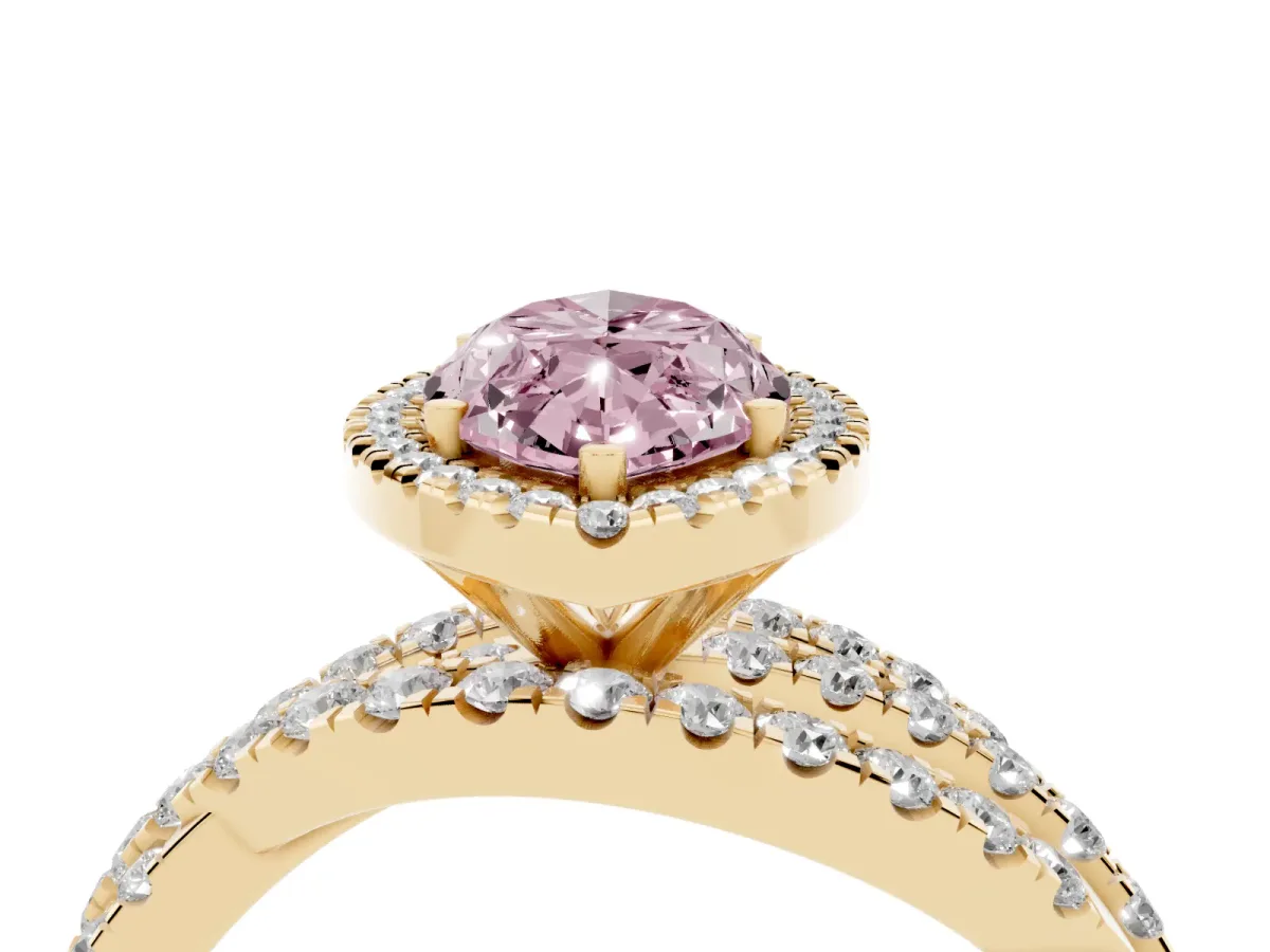 Fancy Pink Marquise Cut Diamond Halo Ring with Round Split Shank and Prong Setting Yellow gold