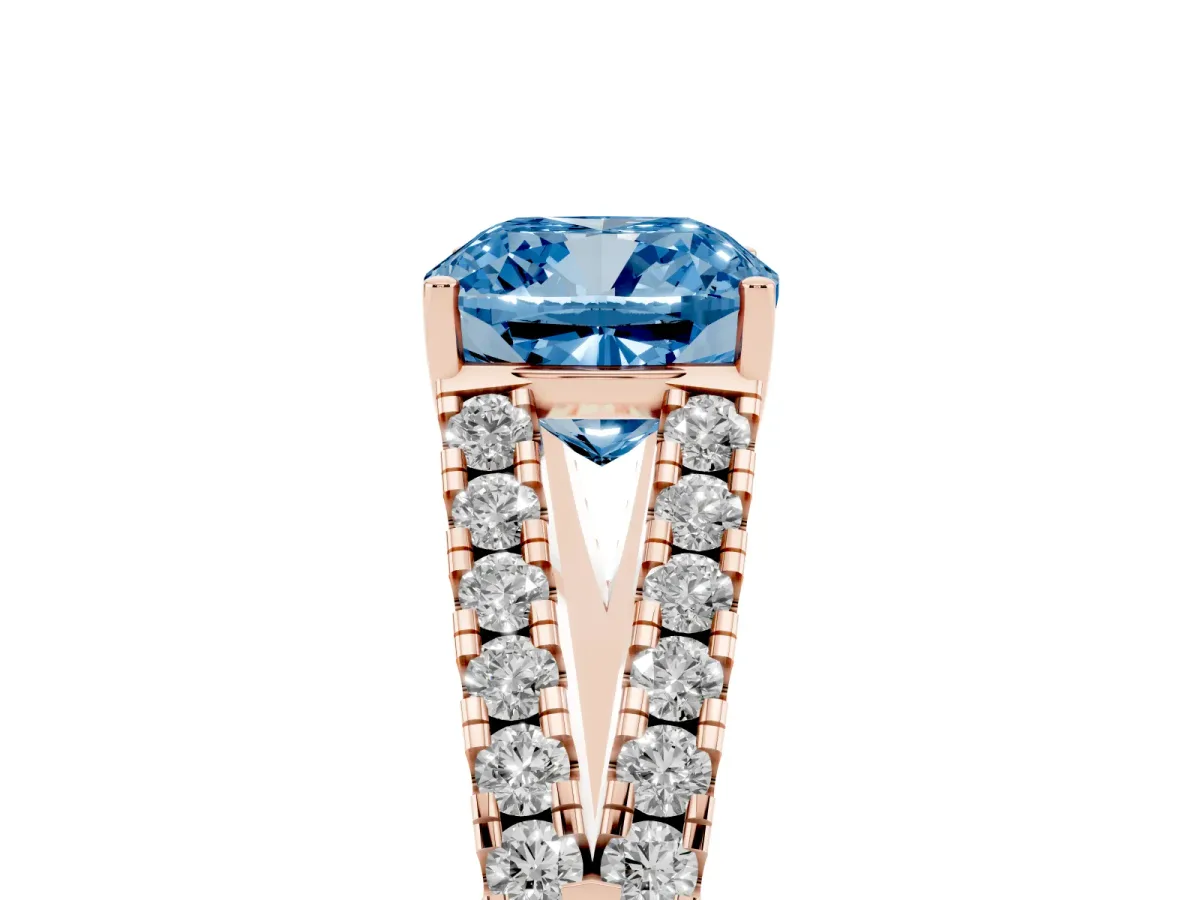 Fancy Blue Cushion Cut Diamond Split Shank Engagement Ring with Round Pavé and Prong Setting Rose gold
