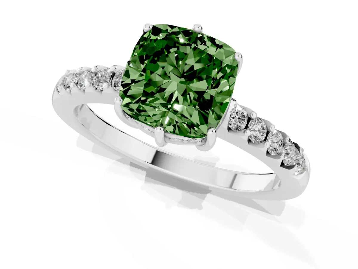 Fancy Green Cushion Cut Solitaire Diamond Engagement Ring with Pavé Band and Six-Prong Setting Silver