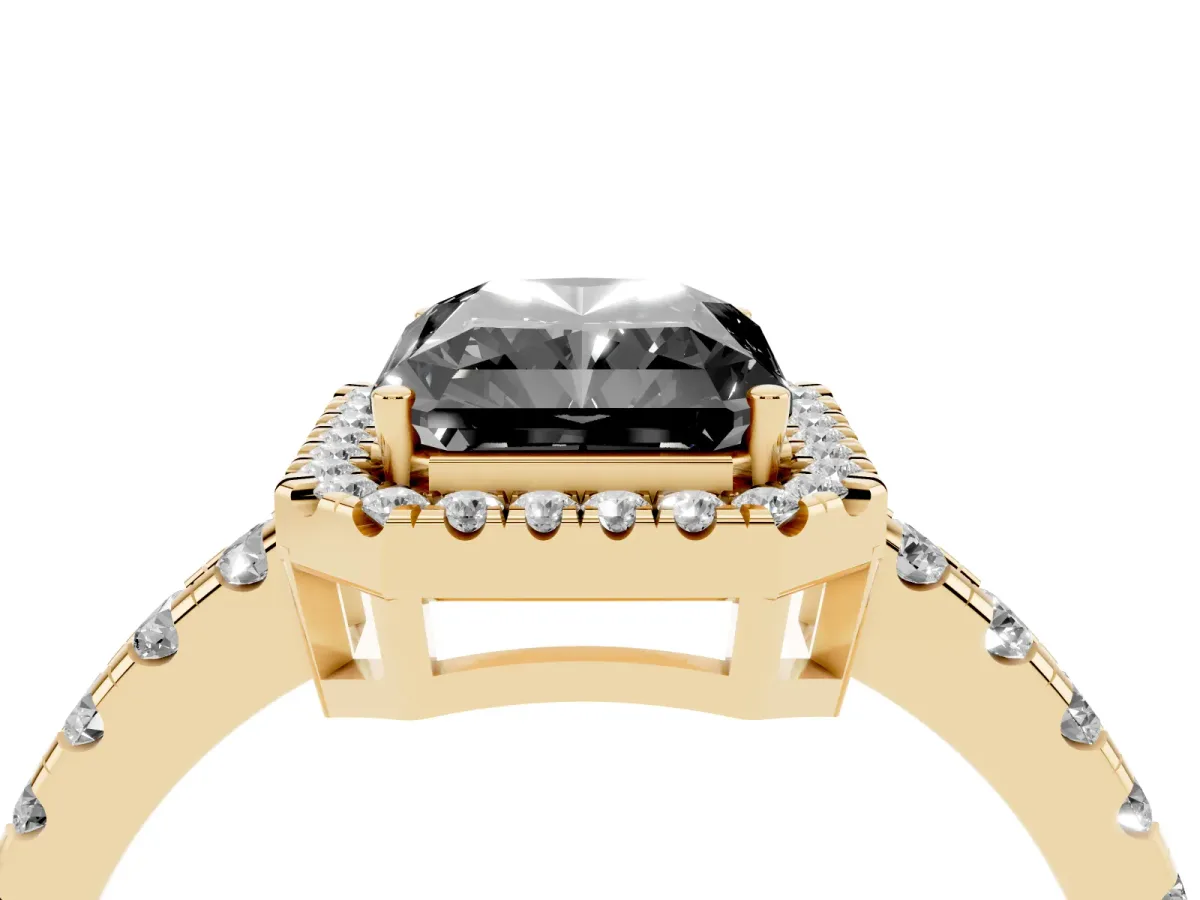 Fancy Black Radiant Cut Diamond Halo Ring with Pavé Band and Four-Prong Setting Yellow gold