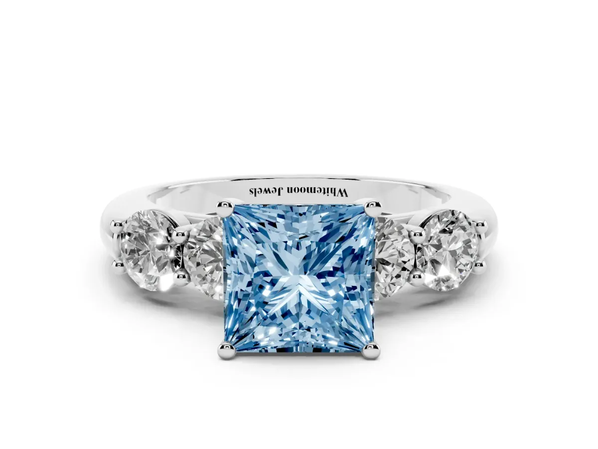 Fancy Blue Princess Cut Cut Five-Stone Prong Set Diamond Ring with Classic Band Silver