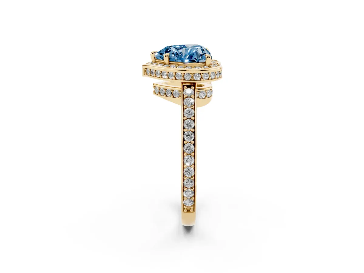Fancy Blue Heart Cut Halo Pave Band Solitaire Ring with Prong Setting Yellow gold