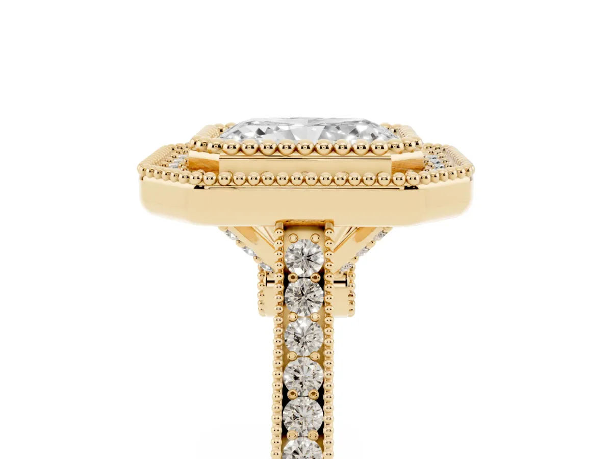 Radiant Cut Diamond Halo Ring with Milgrain Frame and Pavé Band Yellow gold