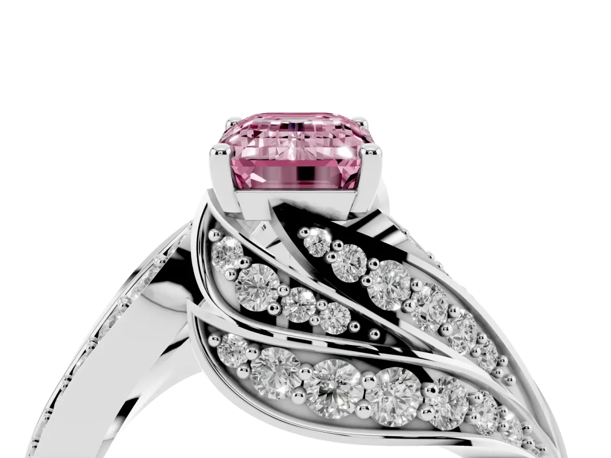 Fancy Pink Emerald Cut Diamond Solitaire Ring with Prong Setting and Twisted Pavé Band Silver