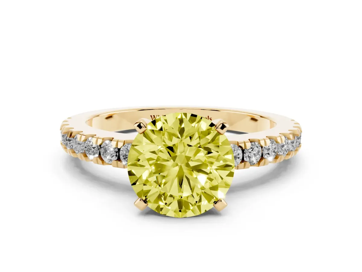 Fancy Yellow Round Cut Solitaire Diamond with Pavé Band and Four-Prong Setting Yellow gold