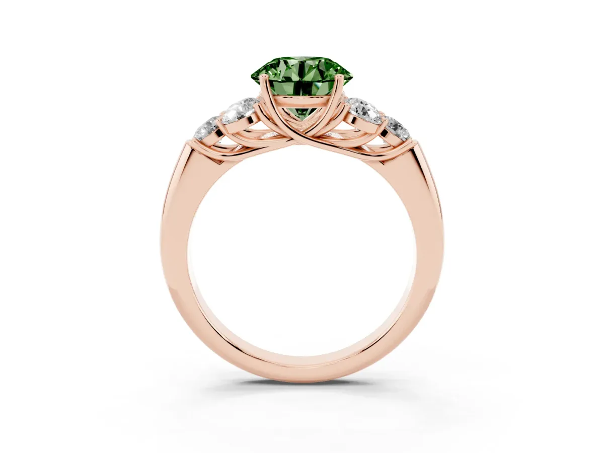 Fancy Green Round Cut Cut Diamond Cluster Ring with Round Accent Stones and Prong Setting on a Classic Band Rose gold