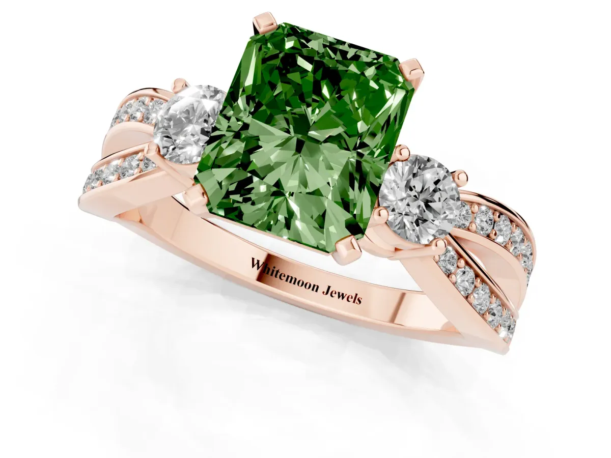 Fancy Green Three-Stone Radiant Cut Cut Diamond Twist Band with Prong Setting Rose gold