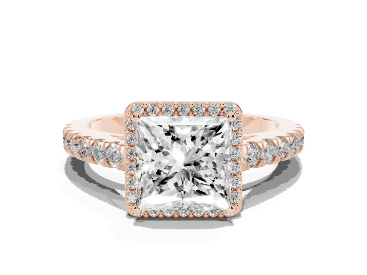 Princess Cut Cut Halo Diamond Engagement Ring with Pave Band and Four-Prong Setting Rose gold