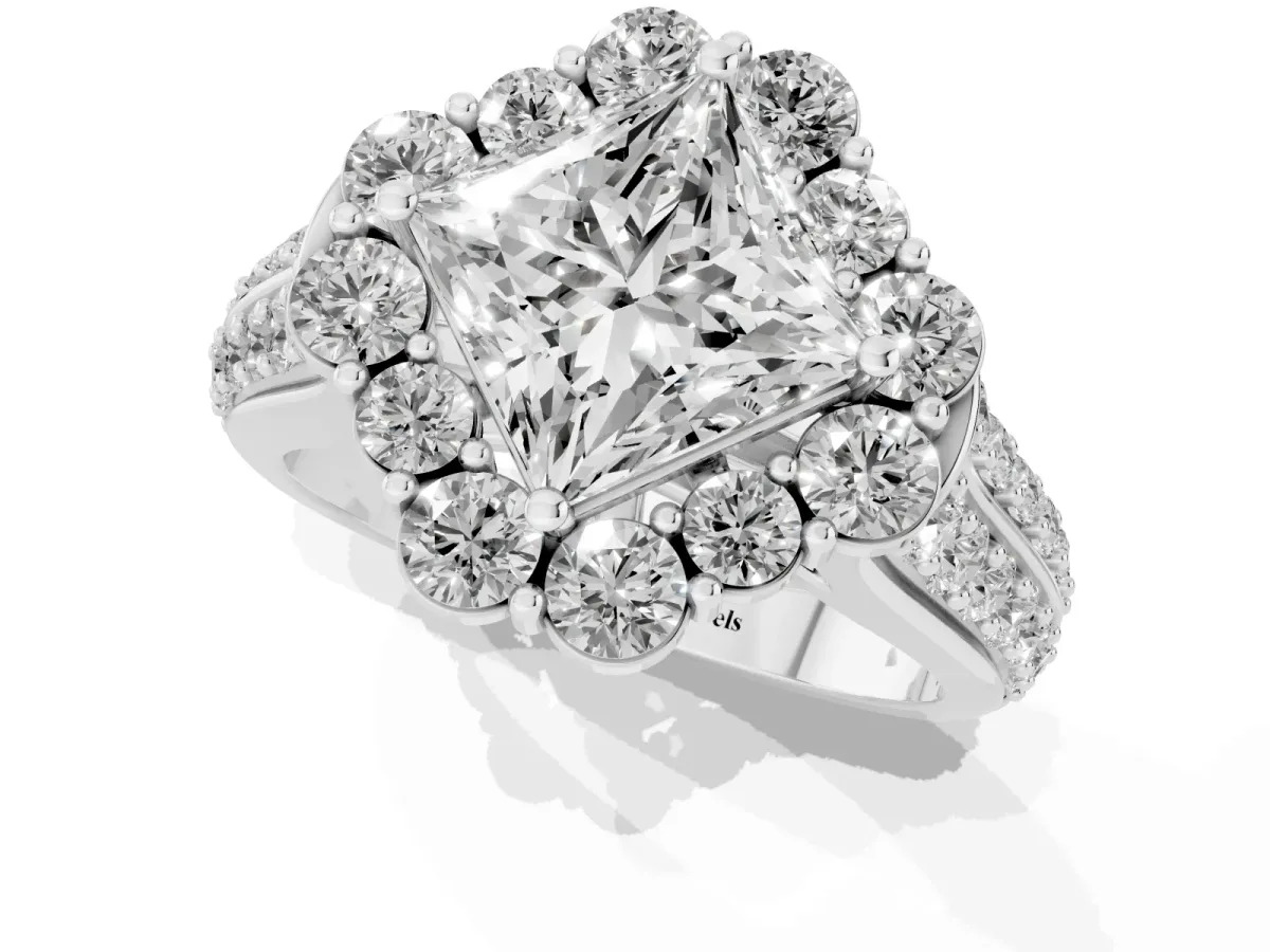 Princess Cut Halo Diamond Engagement Ring with Split Shank and Prong Setting Silver
