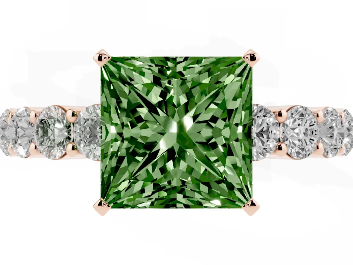 Fancy Green Princess Cut Diamond Solitaire Ring with Shared Prong Round Side Stones Rose gold