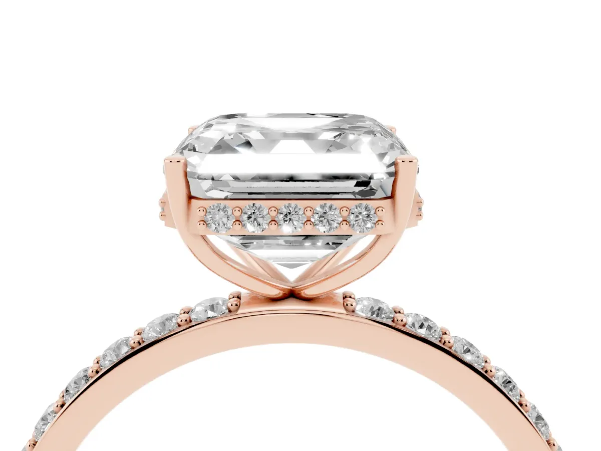 Asscher Cut Diamond Solitaire Ring with Pavé Band and Hidden Halo Rose gold