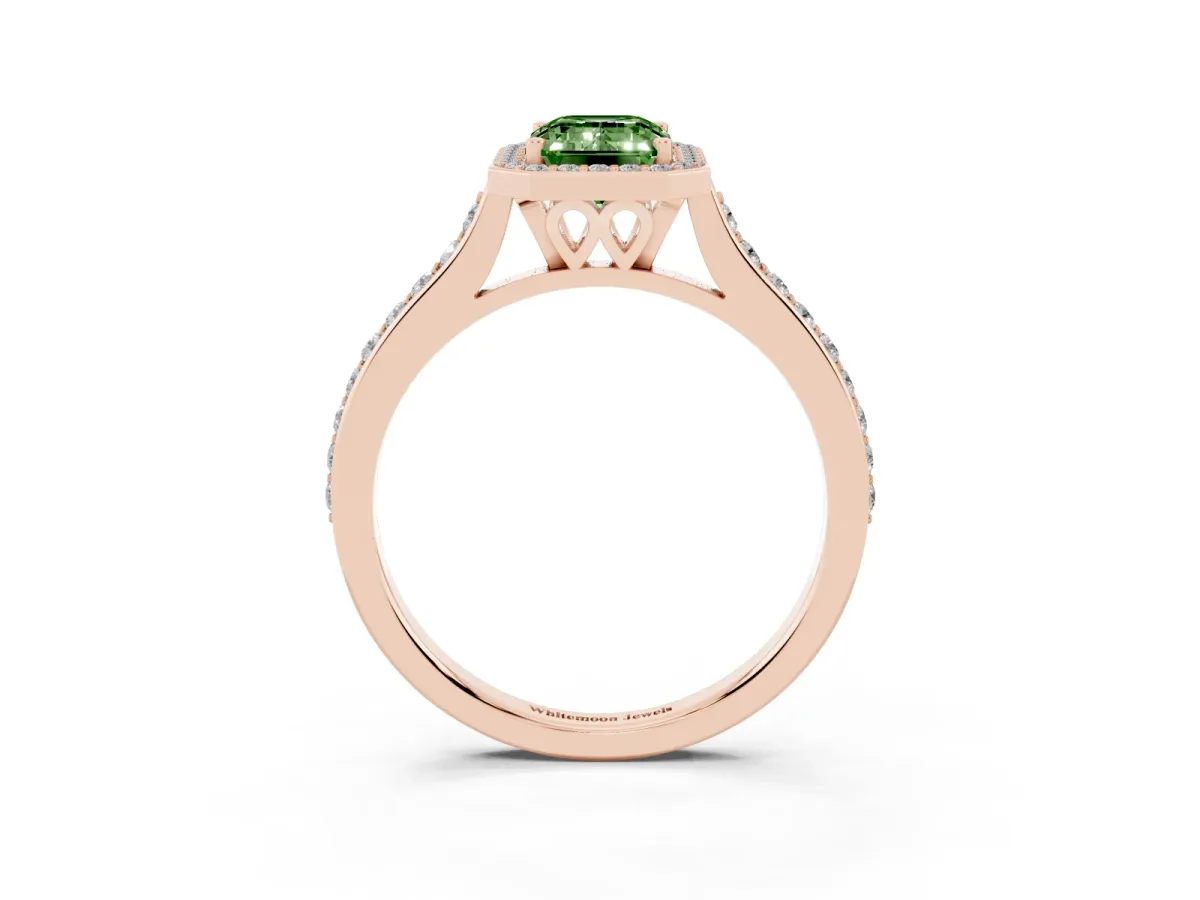 Fancy Green Emerald Cut Diamond Halo Engagement Ring with Round Pavé Shoulders and Prong Setting Rose gold