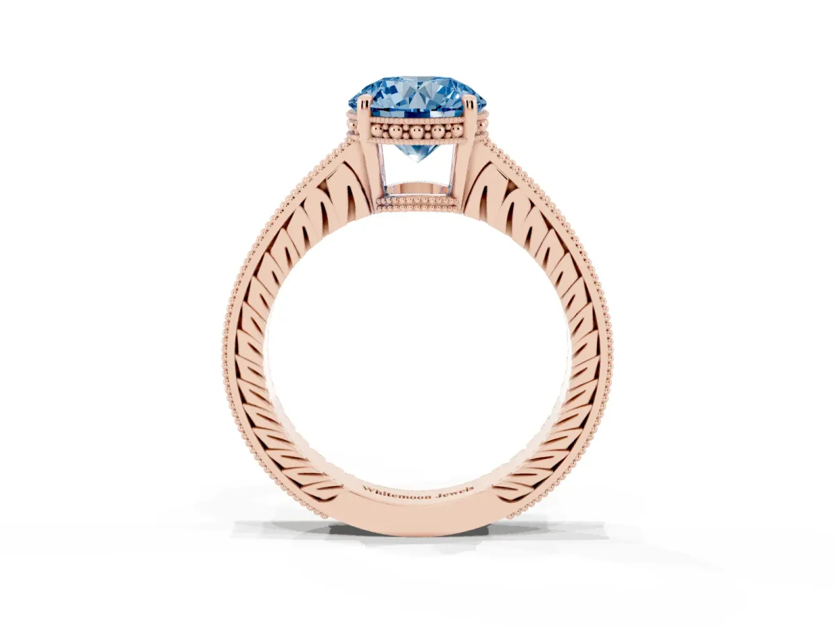 Fancy Blue Round Cut Solitaire Pavé Diamond Milgrain Engagement Ring with Four-Prong Setting Rose gold