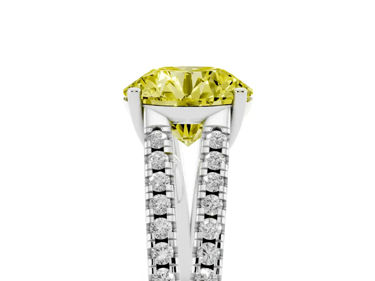 Fancy Yellow Round Cut Diamond Solitaire Engagement Ring with Split Shank Pavé Band Silver