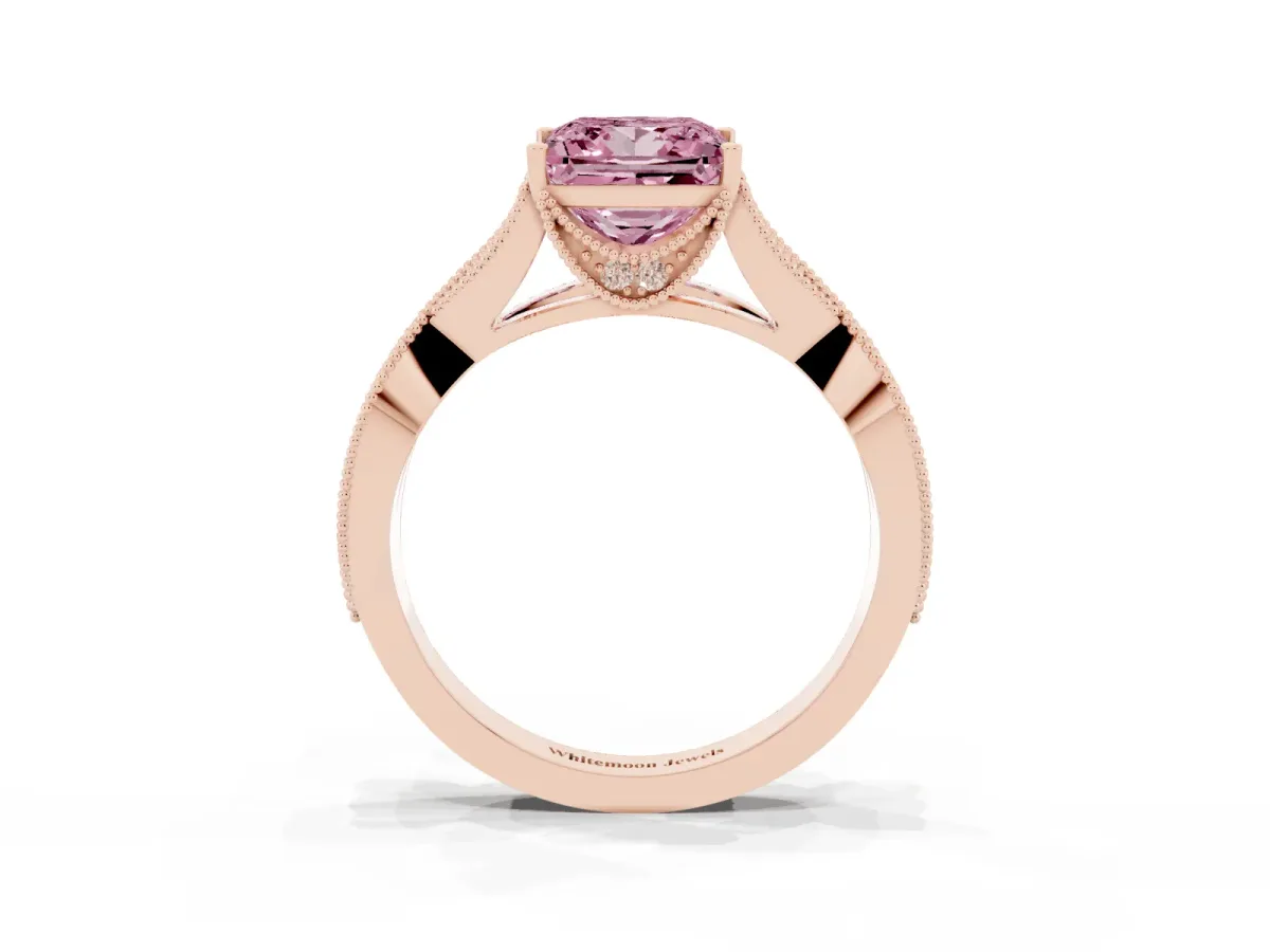 Fancy Pink Princess Cut Cut Diamond Twisted Band with Milgrain Pave Setting and Four-Prong Setting Rose gold