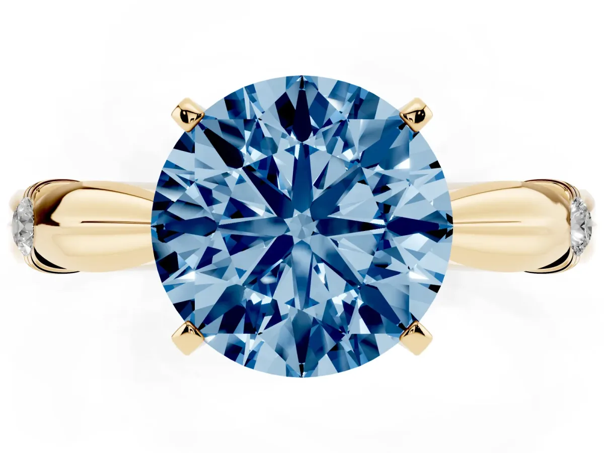 Fancy Blue Round Cut Solitaire Diamond Twisted Band with Four-Prong Setting Yellow gold
