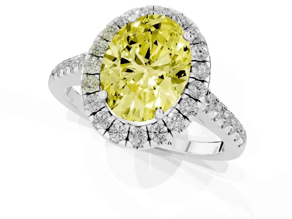 Fancy Yellow Oval Cut Halo Pave Diamond Engagement Ring with Four-Prong Setting Silver