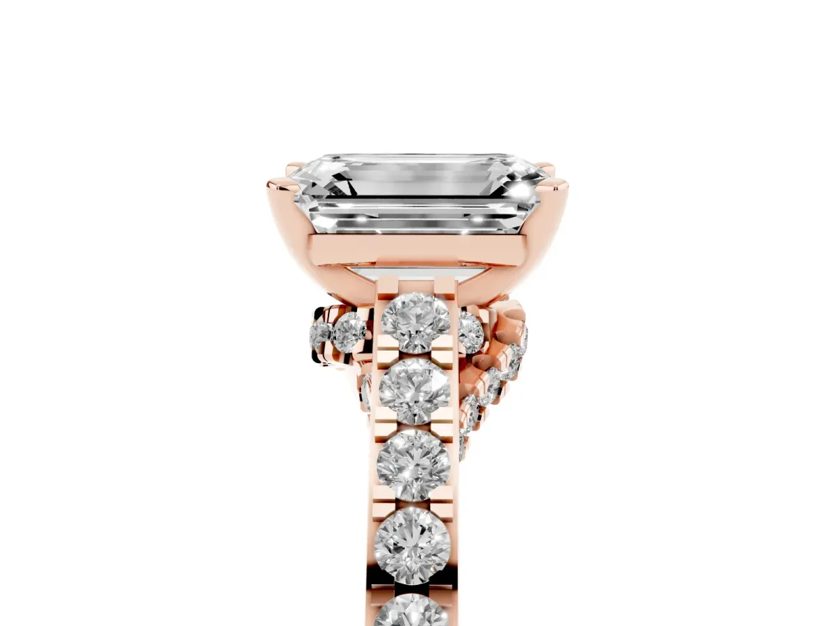 Emerald Cut Diamond Solitaire Ring with Crossover Gallery and Round Pavé Band Rose gold