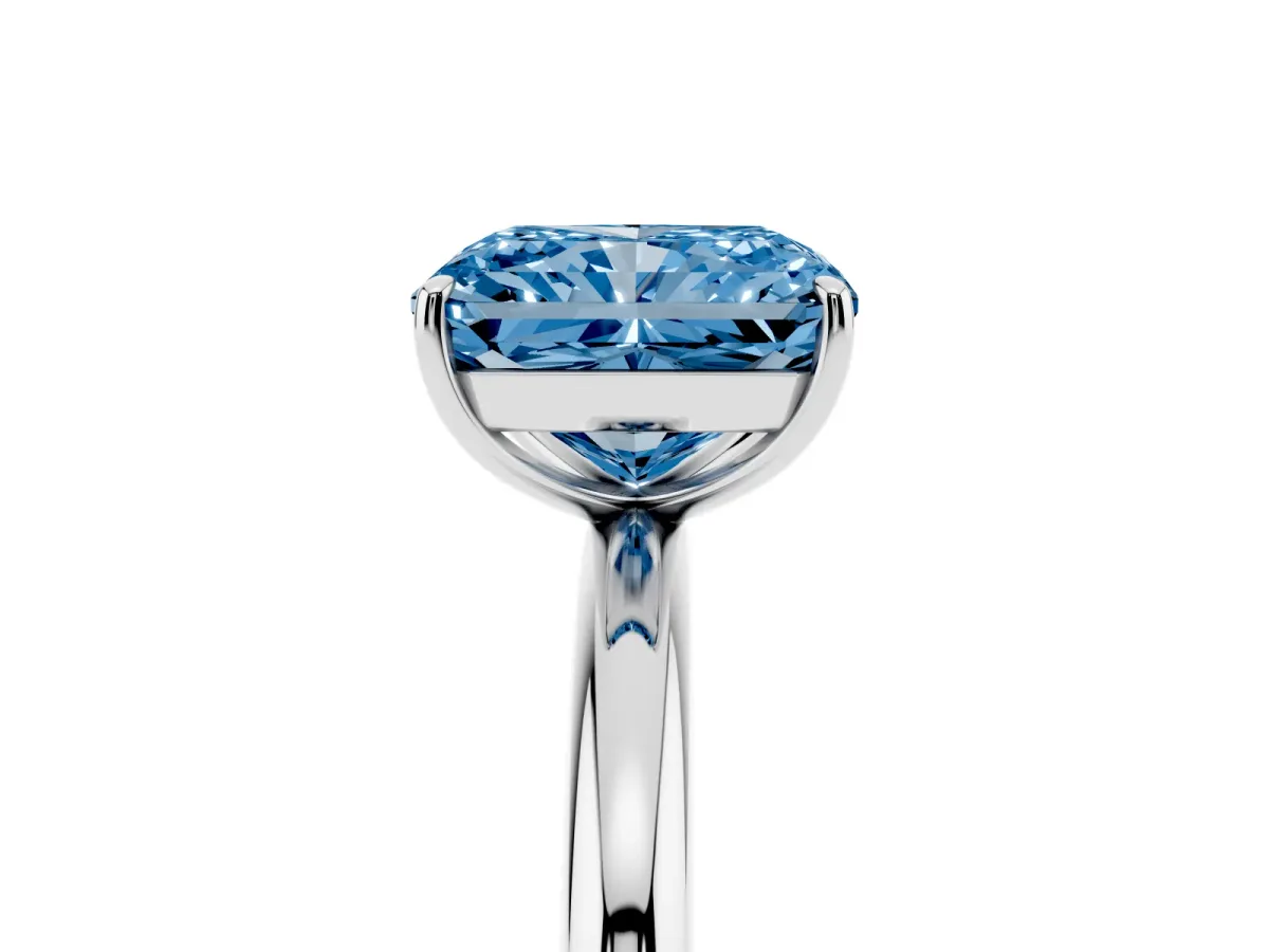 Fancy Blue Radiant Cut Solitaire Diamond Ring with Four-Prong Setting on a Plain Band White gold