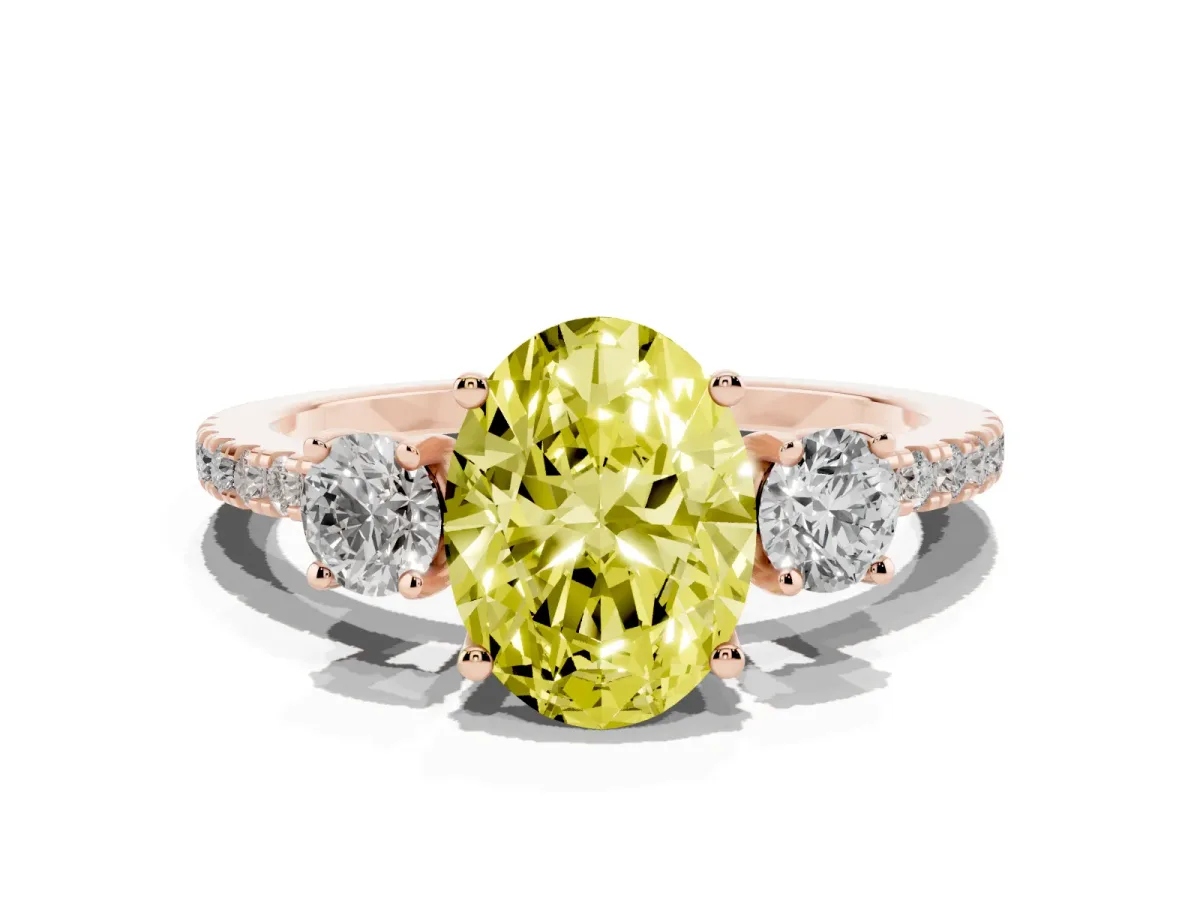 Fancy Yellow Three-Stone Oval Cut Cut Diamond Pavé Band with Prong Setting Rose gold