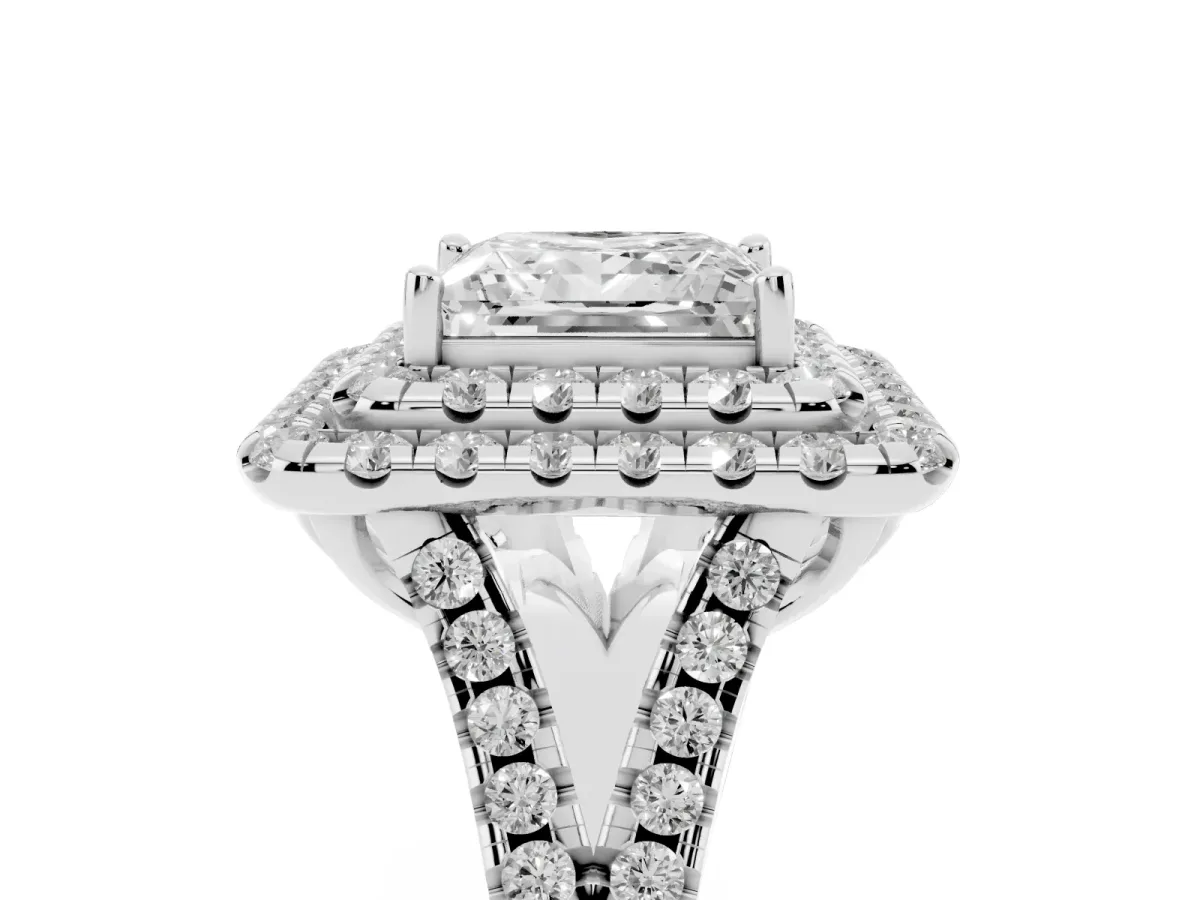 Double Halo Princess Cut Diamond Pavé Split Shank Ring with Prong Setting Platinum