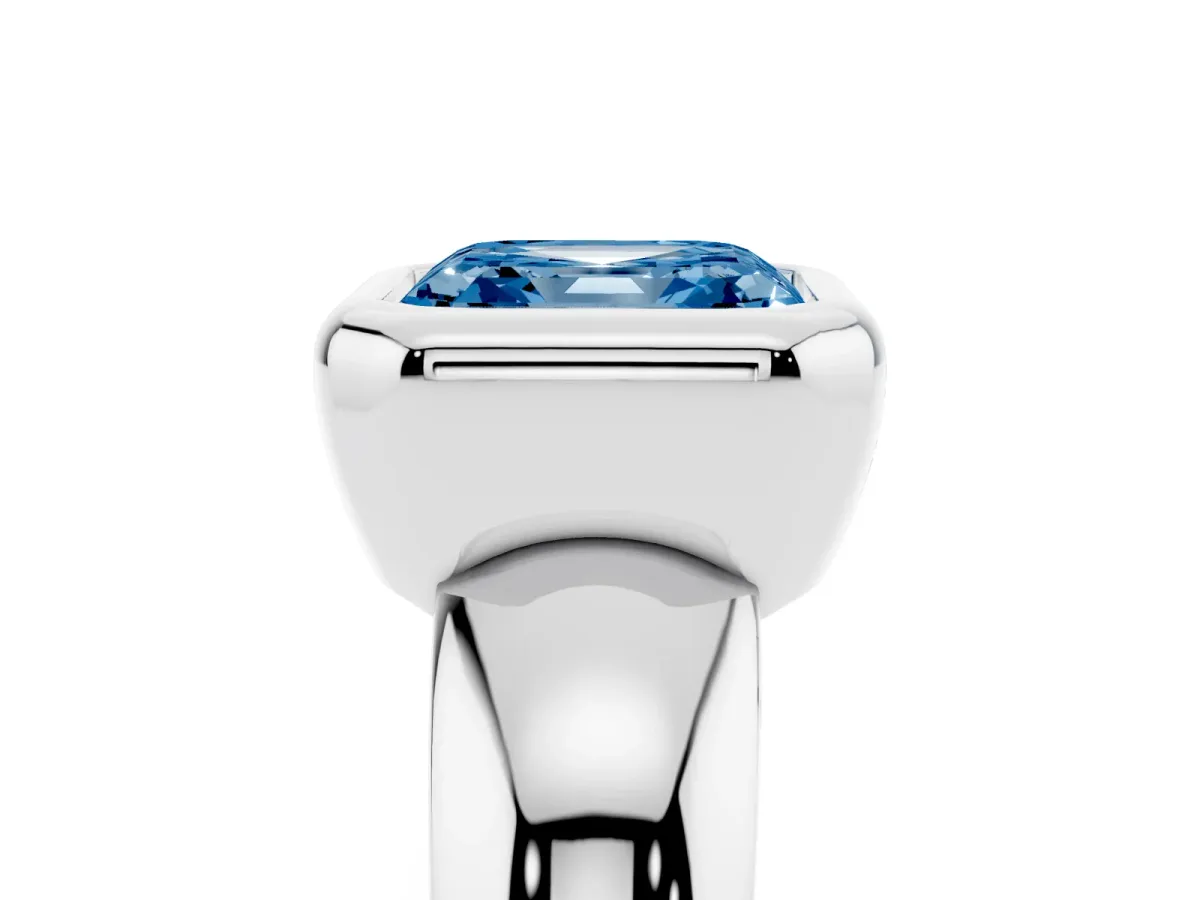 Fancy Blue Bezel Set Asscher Cut Solitaire Ring with Wide Band Silver